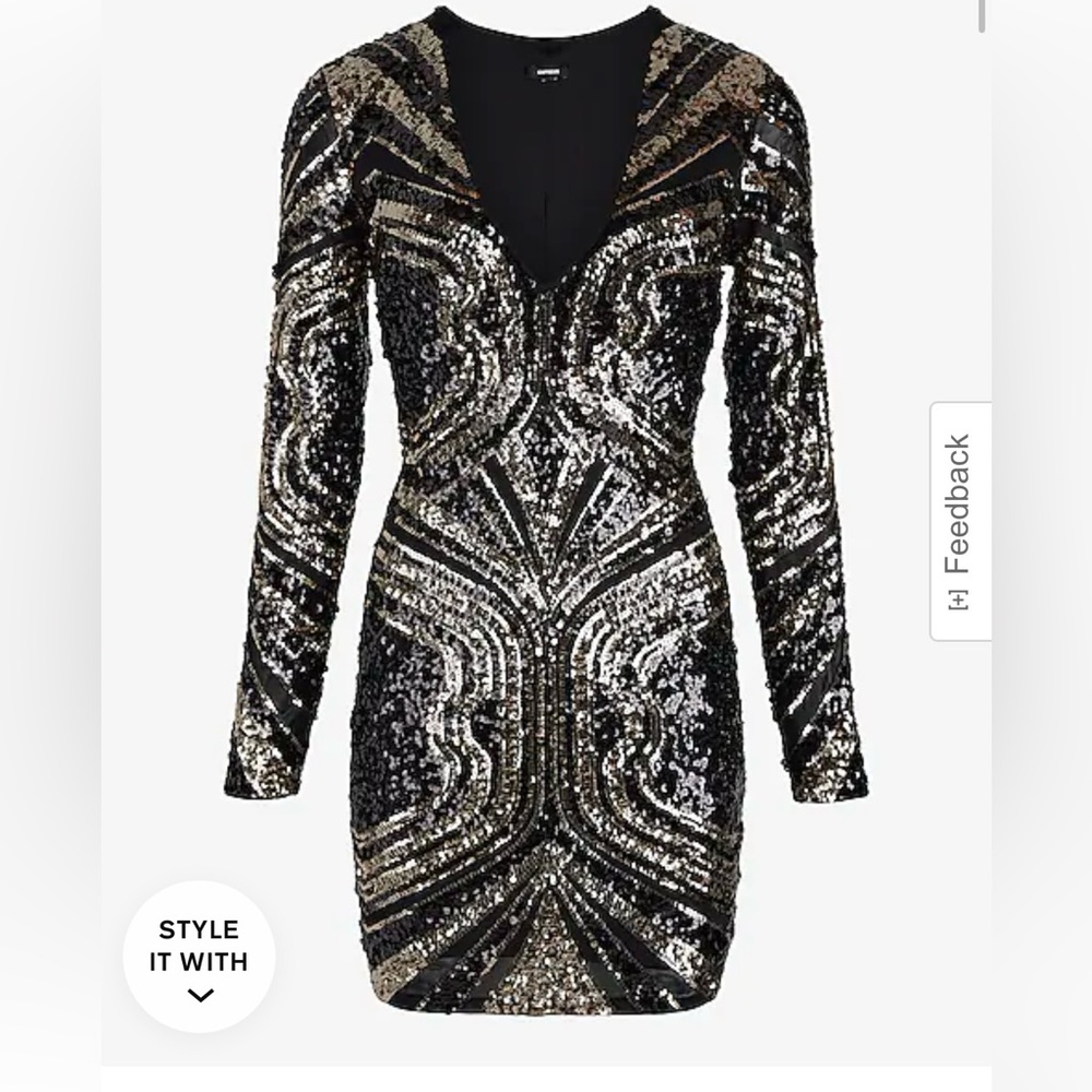 Express Sequin Holiday V-Neck Long Sleeve Mini Dress-Black Medium